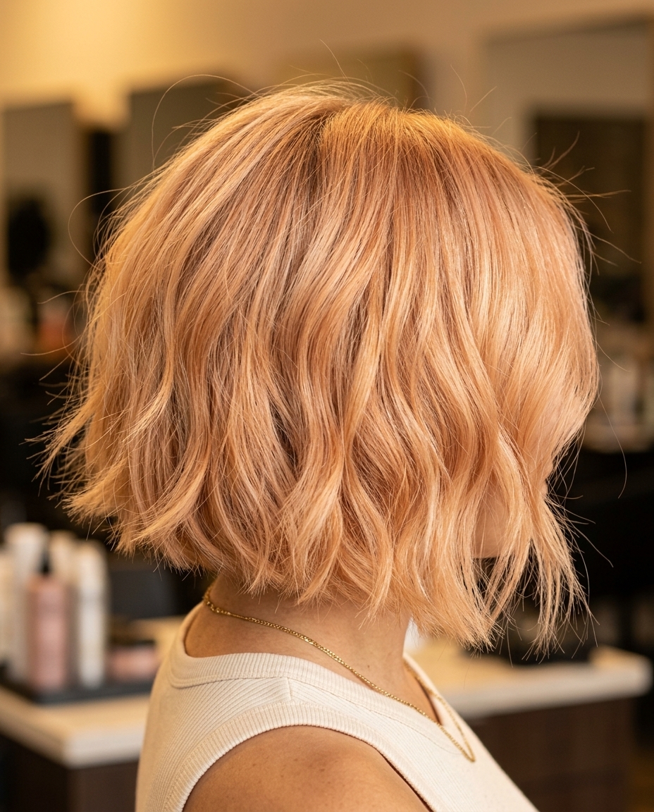 Peachy Blonde Textured Bob 2026 short textured bob haircut with peachy blonde apricot golden babylights for summer
