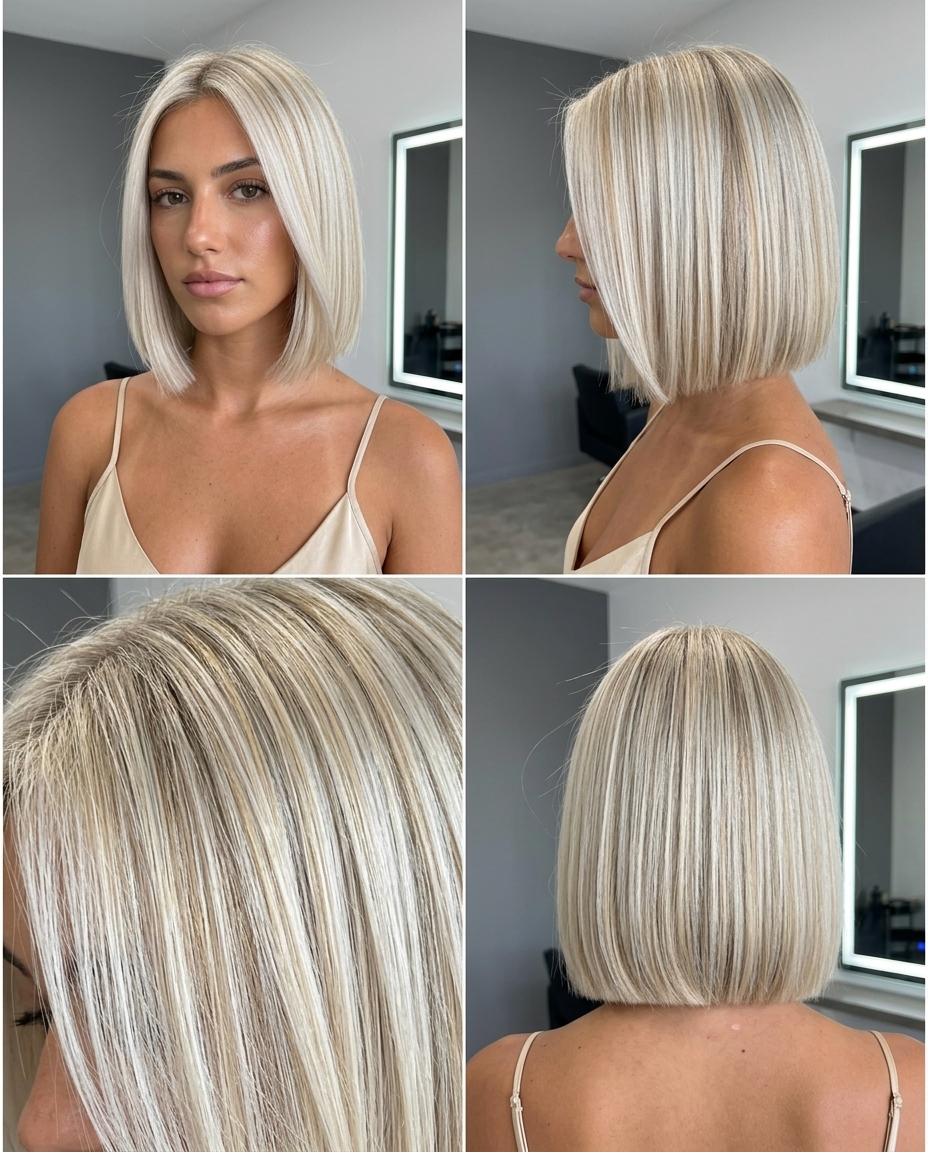 chin-length blunt bob with platinum blonde babylights, pale gold sun-kissed dimension, no fringe — minimalist chic look