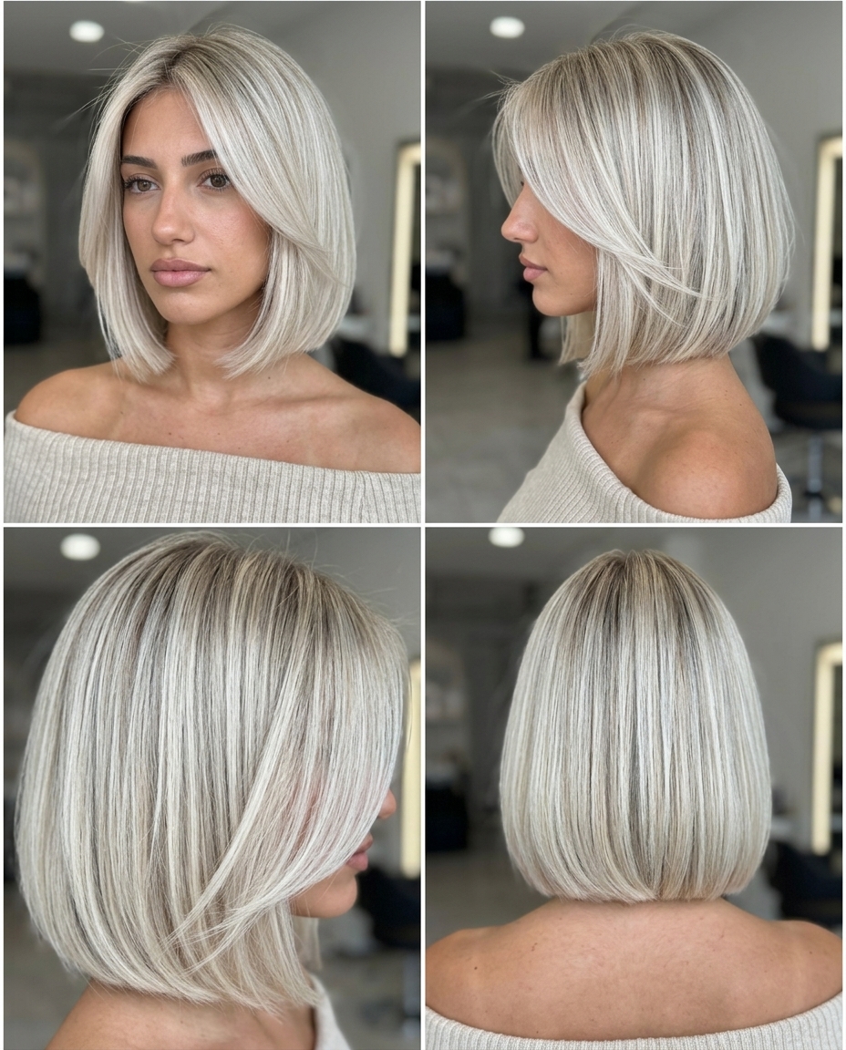 chin-length Italian bob haircut in icy platinum blonde with ash root smudge and blunt ends for summer