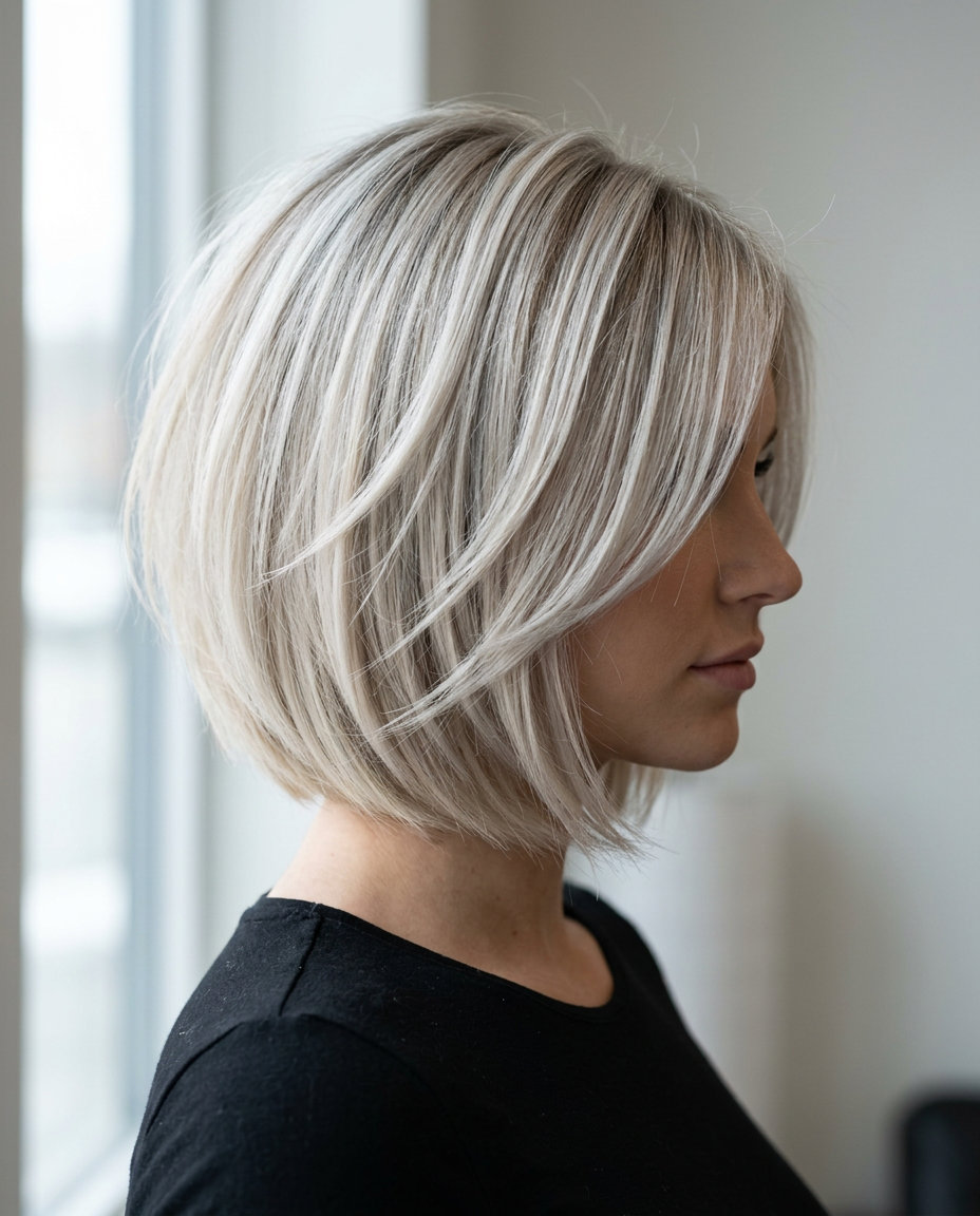 short layered butterfly haircut in platinum blonde with textured layers, no fringe — minimalist and sophisticated