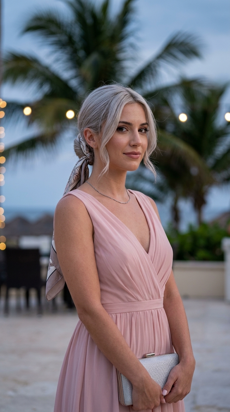 short faux updo with cool platinum blonde, silver ash, for formal events