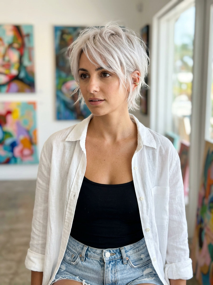 short wispy pixie with cool platinum blonde, matte wax, soft fringe — edgy modern