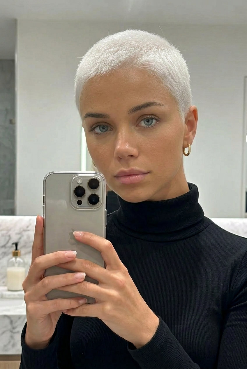 very short platinum blonde buzz cut with cool beige toner for summer