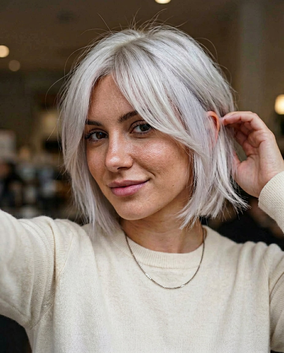 chin-length platinum blonde razor bob with cool pearl toner and razored fringe for party
