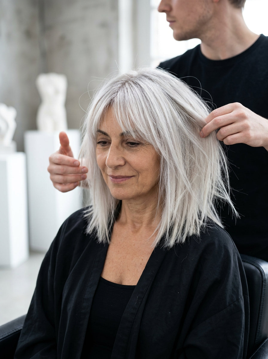 collarbone-length textured bob haircut with icy platinum blonde, razored ends, soft fringe — chic brunch
