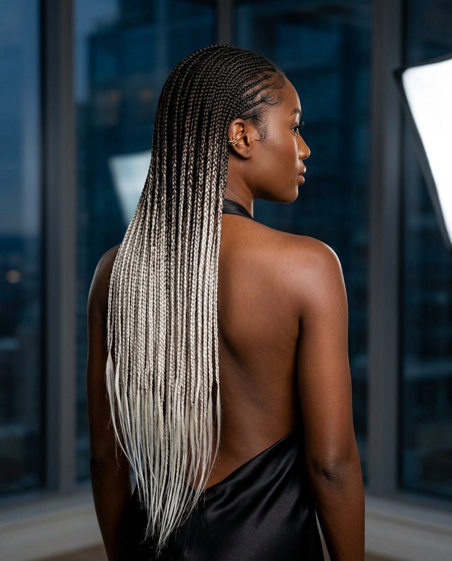 long platinum & espresso ombré micro braids with v-cut back