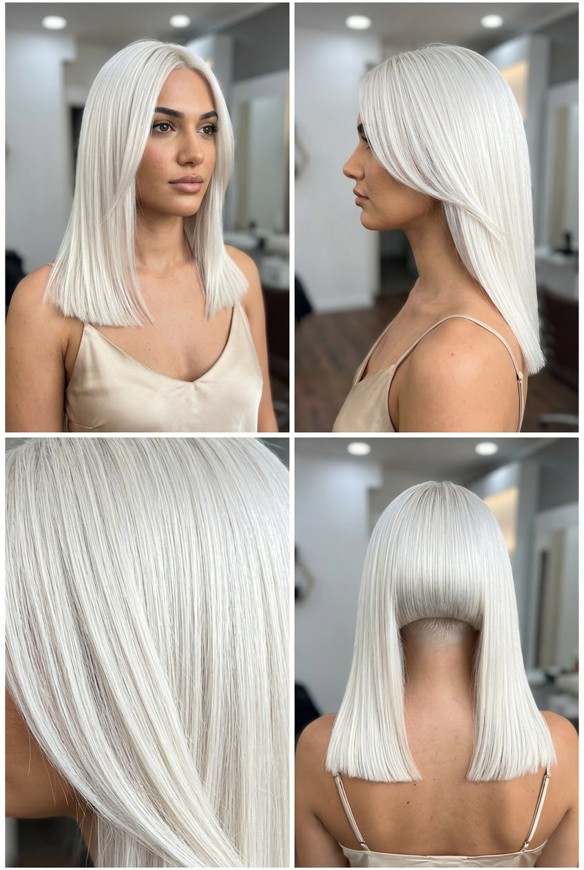 Barbiecore Platinum Undercut: Bold Blonde 2026 long platinum blonde cut with undercut, blunt ends, and no bangs for edgy glamour