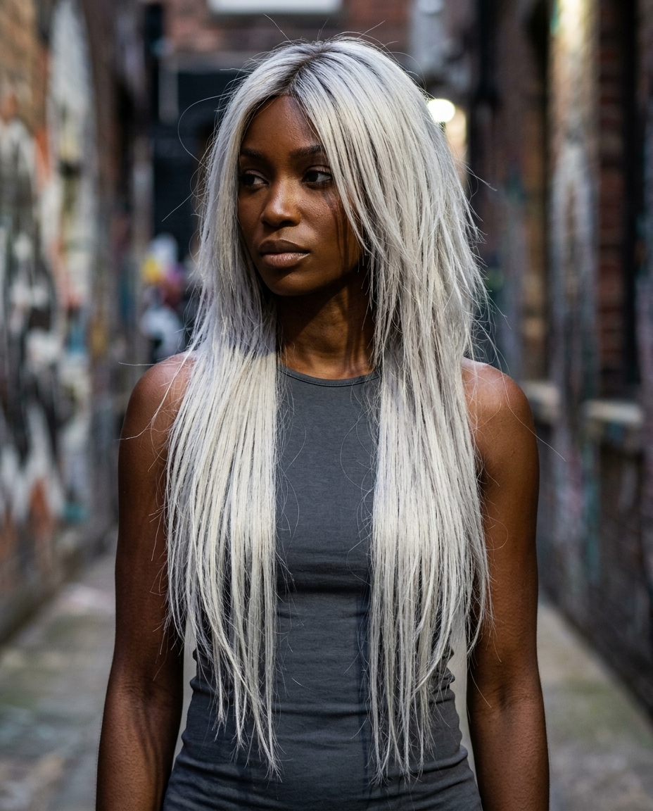 long razored haircut with icy platinum blonde, silver undertones, and dark grey root for summer