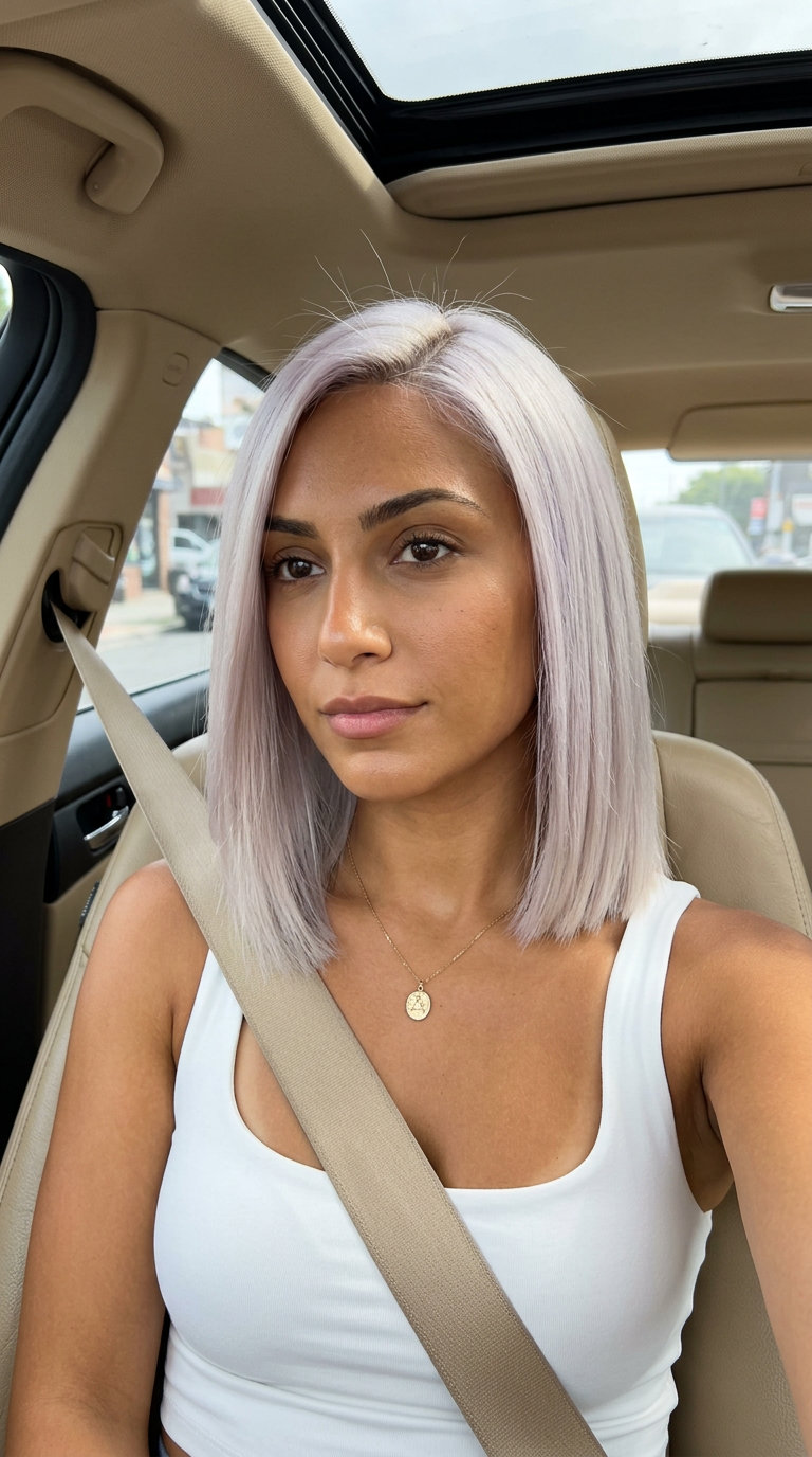 Platinum Power Lob 2026: Bold Blonde Haircut medium blunt lob haircut with icy platinum blonde, violet toner, and no fringe — edgy night out
