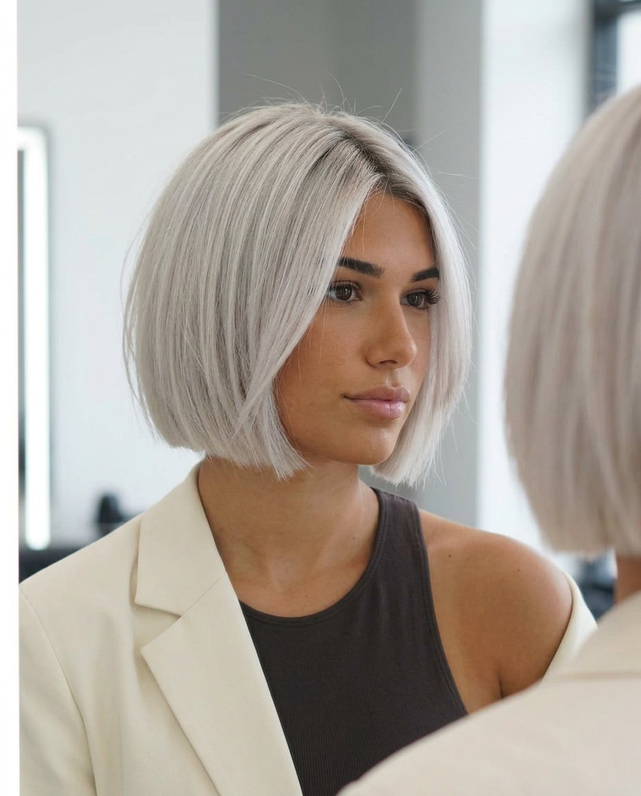 Ice Queen Platinum Bob 2026 short textured bob haircut with cool platinum blonde, ash root shadow, no bangs — bold avant-garde style