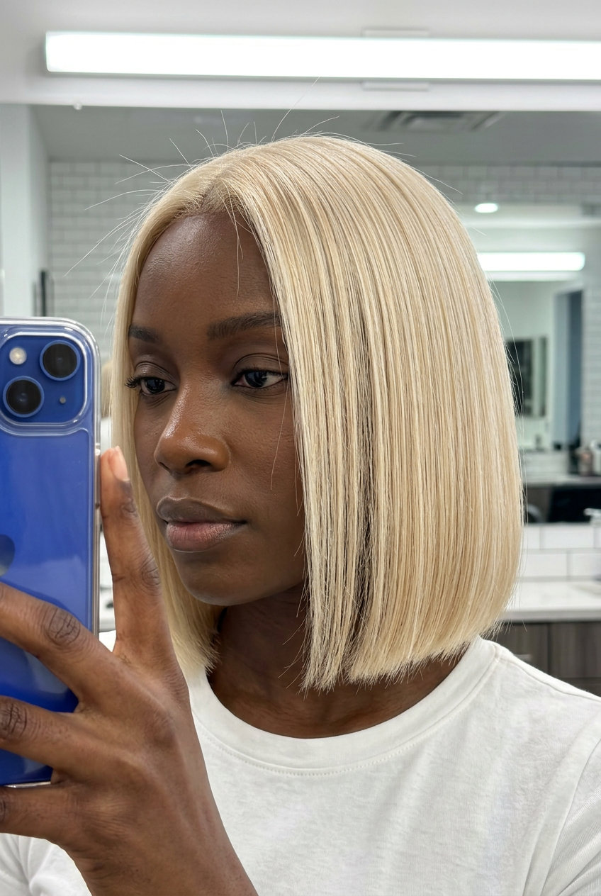 short blunt bob haircut in platinum blonde with pale gold reflects for summer