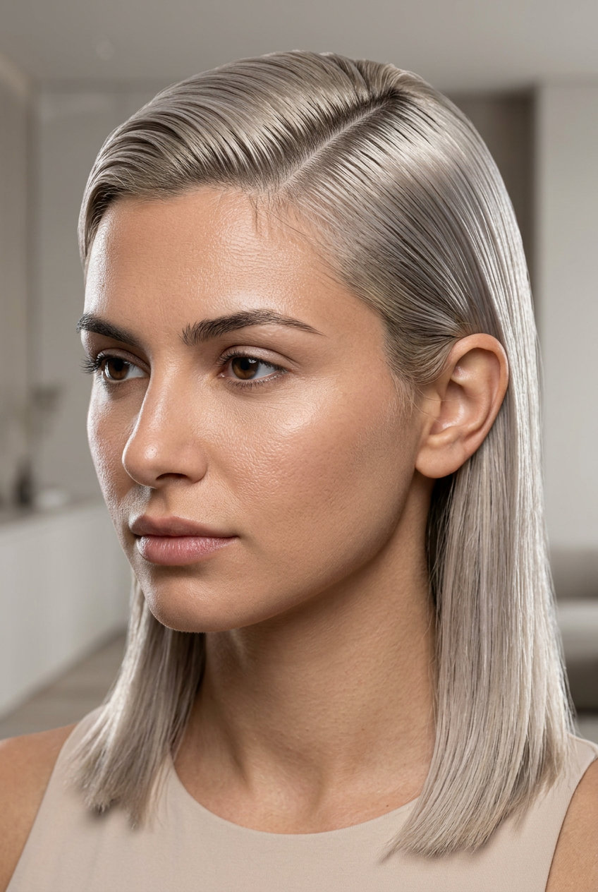 short platinum blonde wet-look side part with high gloss finish for summer