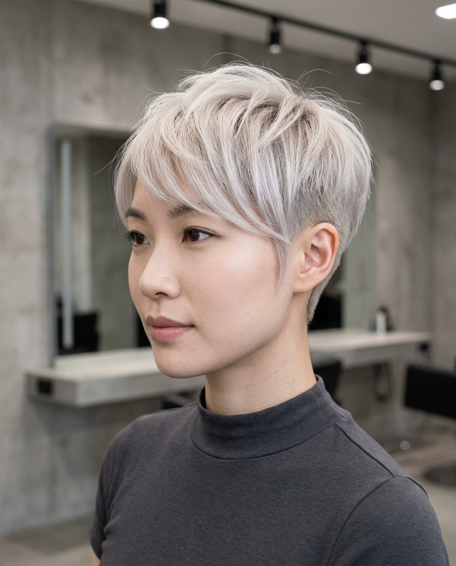 Icy Platinum Pixie Crop for Thin Fine Hair 2026 short platinum pixie crop with textured top and wispy fringe for summer