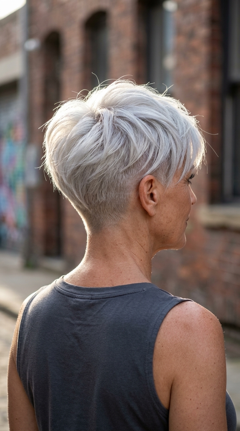 short platinum pixie haircut with icy cool white tone and bold undercut for edgy look