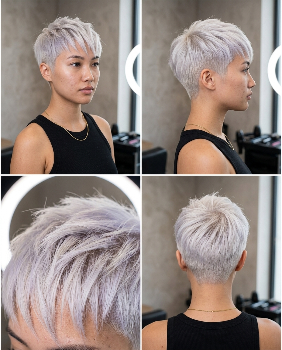 short pixie haircut with icy platinum blonde, razored texture, no fringe — bold, edgy