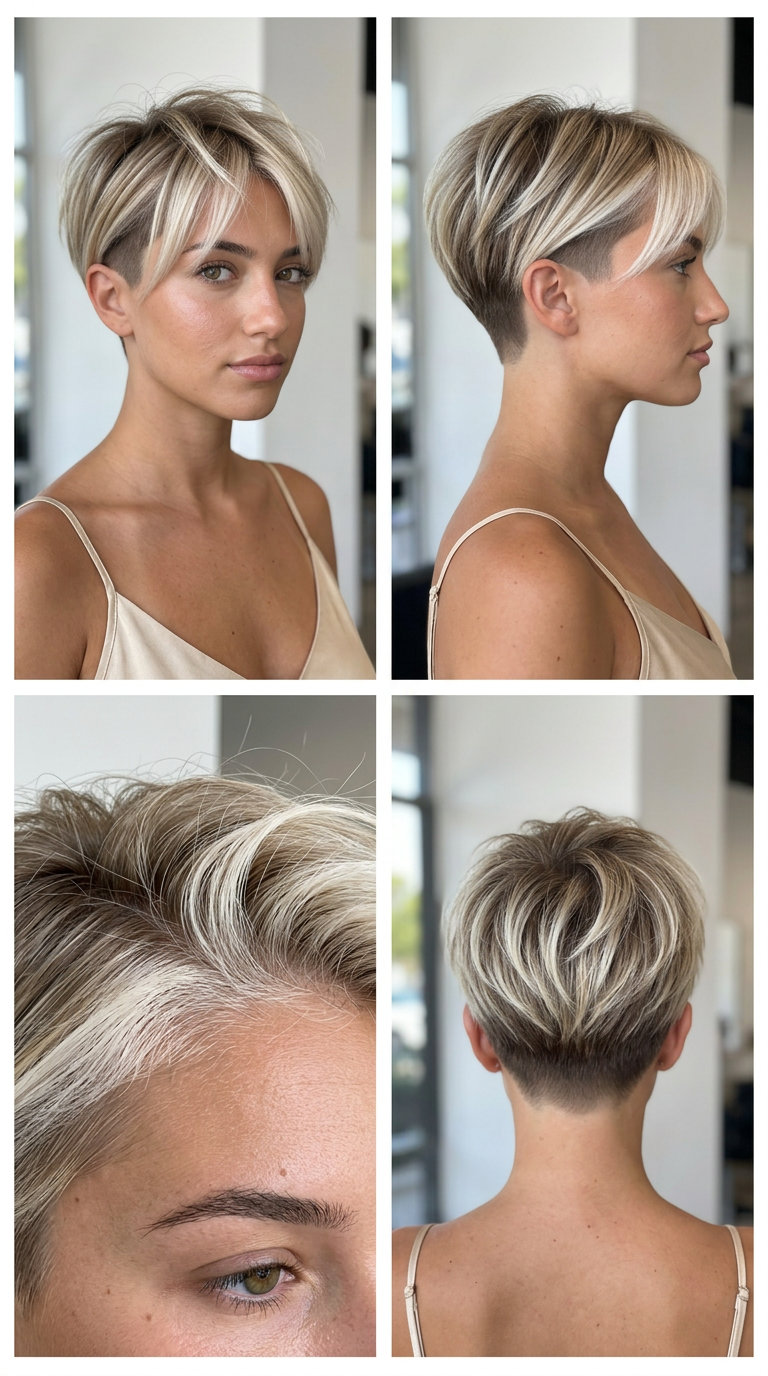 short platinum pixie haircut with Scandi-blonde balayage and textured layers for summer 2026