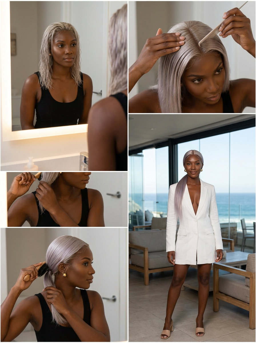 shoulder-length icy platinum blonde sleek ponytail with a sharp center part for professional events