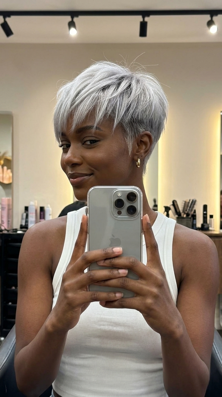 short pixie haircut with platinum silver, razored layers and asymmetrical fringe — edgy modern