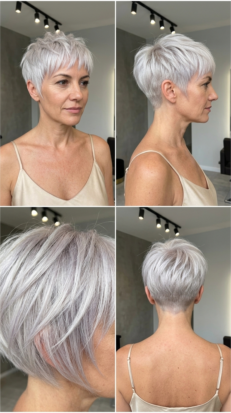 very short platinum crop haircut with razored layers and choppy fringe for modern look