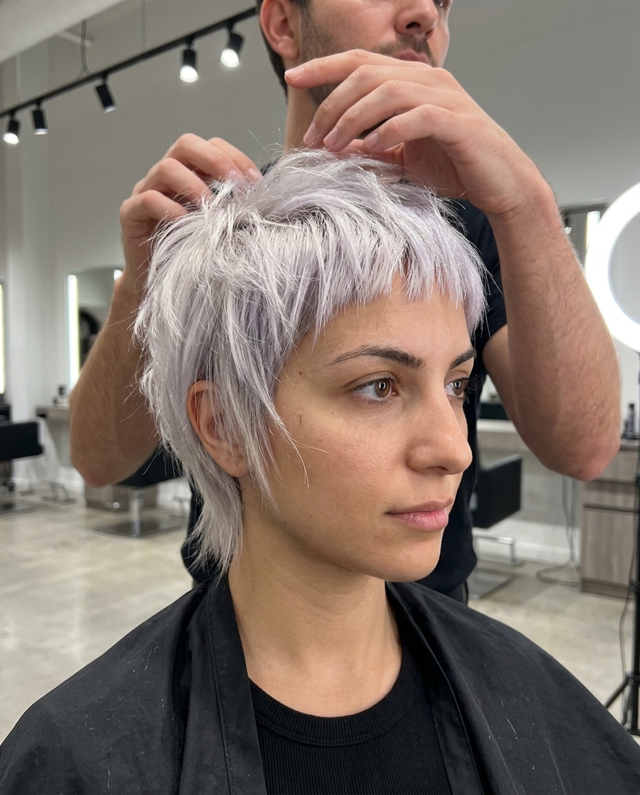 very short messy shag haircut in icy platinum blonde with silver undertones and shattered layers for avant-garde