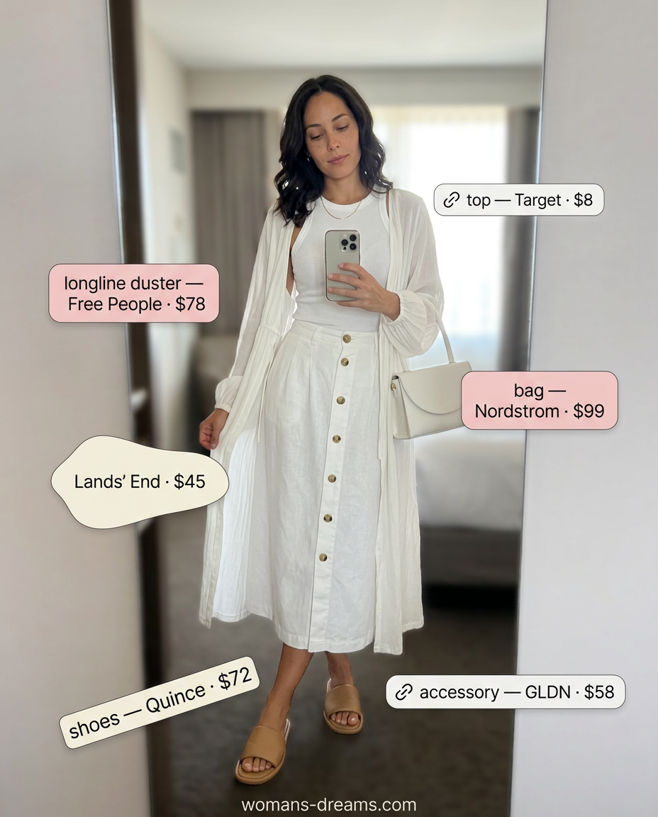 Summer longline duster outfits for women 2026: Chic all-white linen duster, skirt, and tank for summer parties.