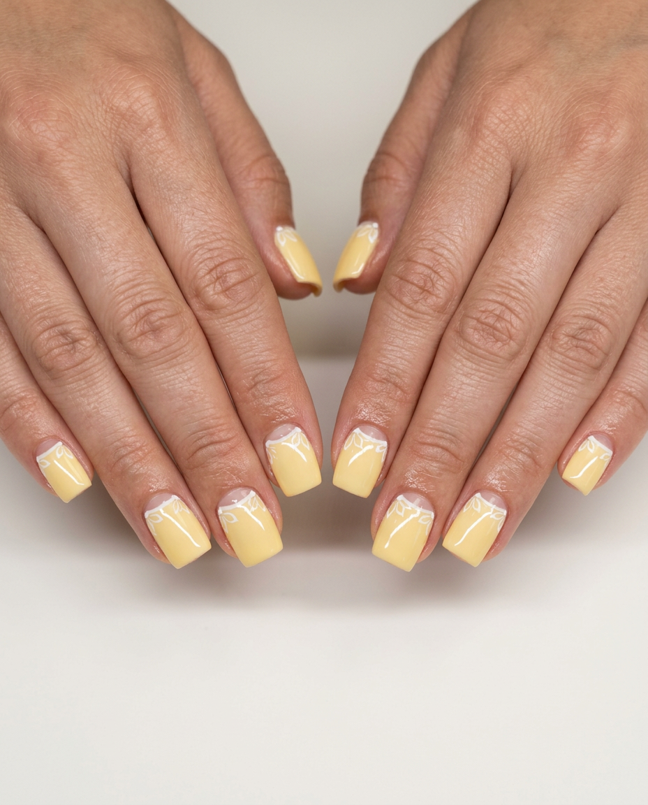 Cheerful Butter Yellow Reverse French Floral Nails 2026 Cheerful butter yellow reverse French floral nails 2026 for garden parties.