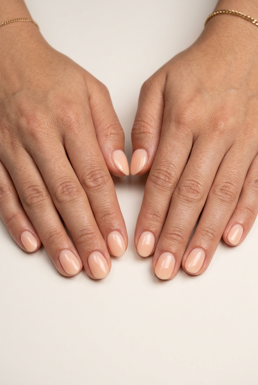 Short Oval Summer Nails 2026: Peach Milk Bath Short oval summer nails 2026: Dreamy peach milk bath for weddings and bridal showers.