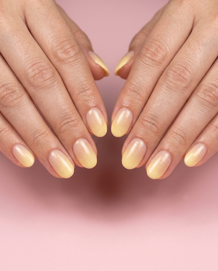 Short Oval Summer Nails 2026: Golden Shimmer Fade Short oval summer nails 2026: Elegant sheer nude to butter yellow gradient with subtle gold shimmer.