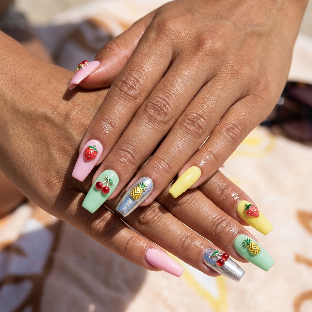 Tutti Frutti Chrome Coffin Nails 2026 Tutti Frutti Chrome Coffin nails for cute summer nails 2026, perfect for festivals and parties.