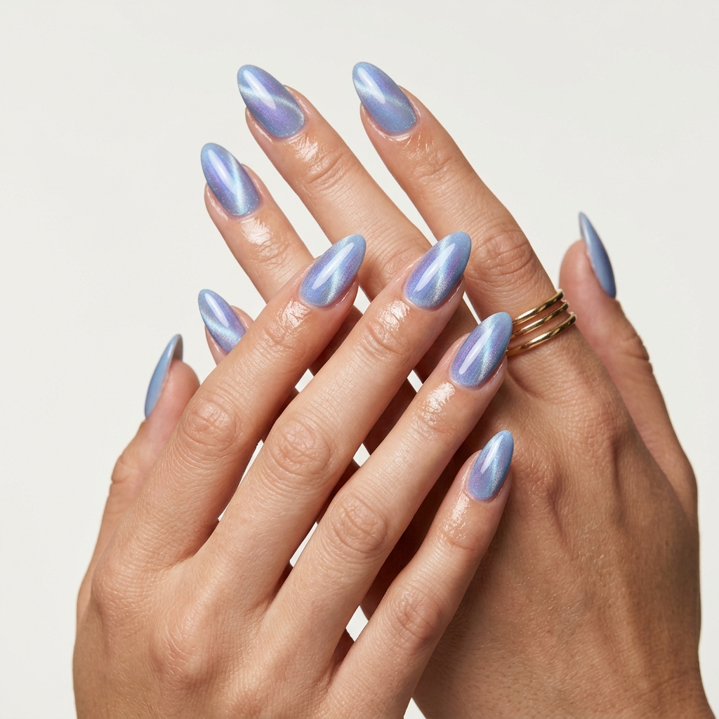 Pastel Cat-Eye Almonds 2026: Glam Summer Pastel blue cat-eye summer almond nails for simple summer acrylic nail designs 2026, perfect for vacation or date night.