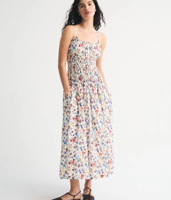 floral print outfits Abercrombie & Fitch Women's Bra-Free Smocked Drop-Waist Maxi Dress Abercrombie & Fitch $130