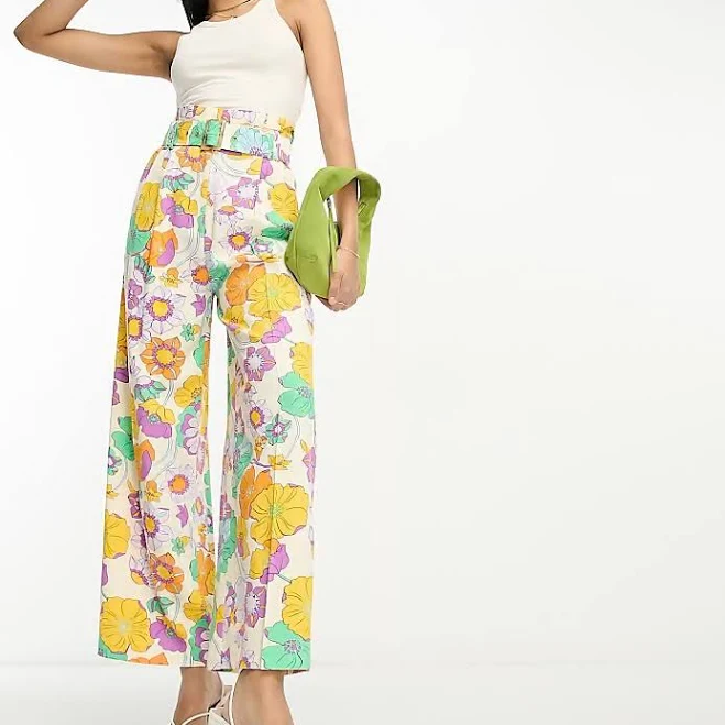 pants ASOS Design oversized floral printed paperbag waist wide leg trouser with linen in multi Poshmark $35
