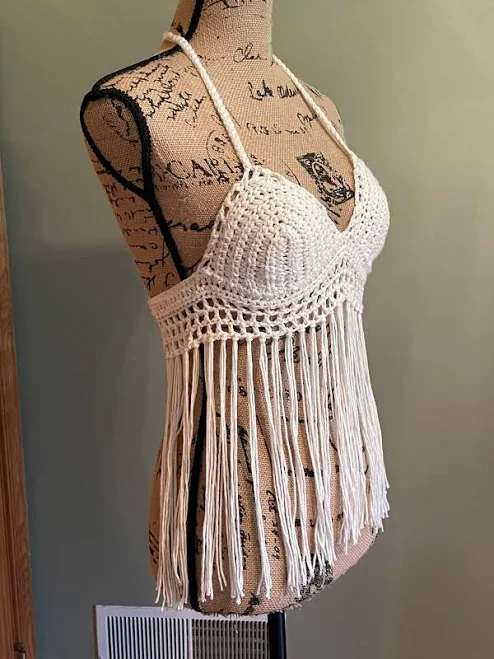 top Boho Crochet Halter Top with Fringe Etsy - MudRunCrochet $49