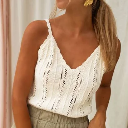 top Ecru Crochet Sleeveless Top with Thin Shoulder Straps & Slightly Cropped Fit – Roxie Top by EASY CLOTHES – Easy Clothes $36