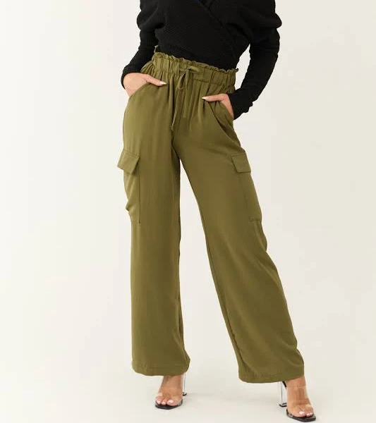 pants Elastic Paperbag Waist Cargo Pants with Drawstring Lime Lush $29.95