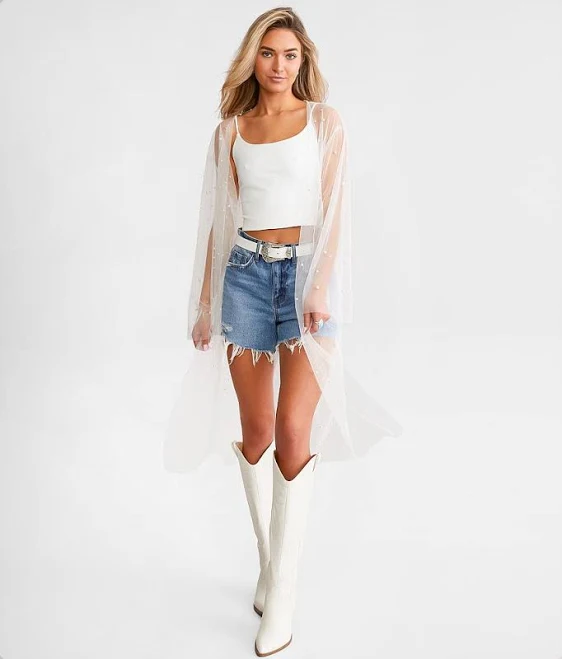 longline duster Geegee Clothing Women's Polyester Faux Pearl Mesh Duster Cardigan with Buckle Buckle $24.99