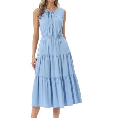 dress Inspire Chic Women's Sleeveless Crewneck Tiered Flowy Midi Sundress with Pocket Target $39.99