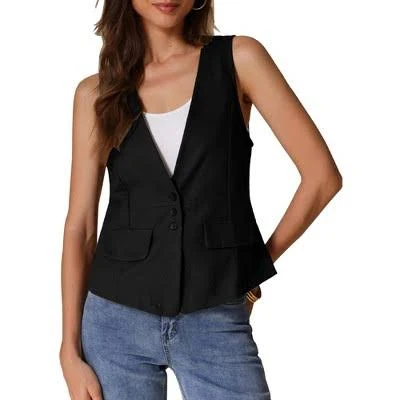 vest Inspire Chic Women's Sleeveless Linen Button Down V Neck Vest with Faux Flap Target $19.99