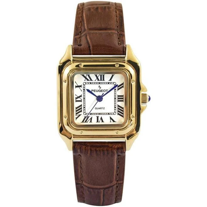 accessory Peugeot Women's 14K Gold-Plated Tank Watch with Leather Strap Macy's $100