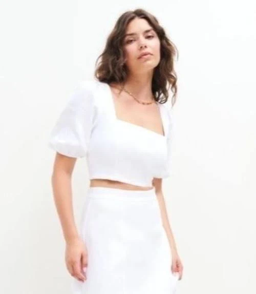 top Reformation White Pure Linen Puff Sleeve Square Neck Cropped Blouse eBay - jingav_0 $39.99