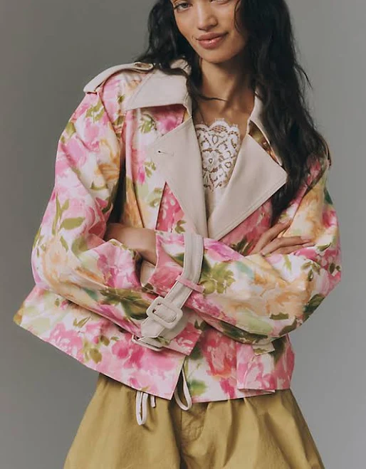 trench coat Retro Floral Cropped Trench Coat Jacket by Maeve, Size: Medium at Anthropologie Anthropologie $178
