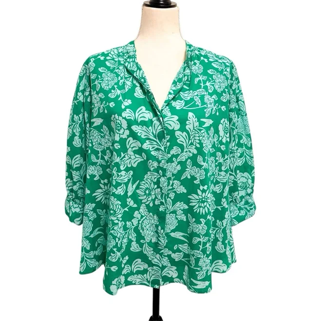 button down shirt Ro’s Ros Garden Green Floral Oversized Button Up Cotton Billowy Boho eBay - blueroseresale $26.99