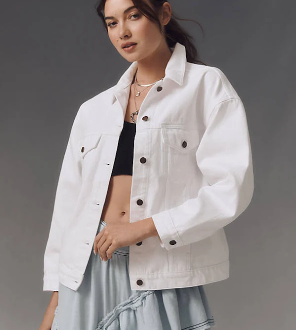 denim jacket The Weston Denim Boyfriend Jacket by Pilcro in Ivory, Size: M Petite at Anthropologie Anthropologie $98