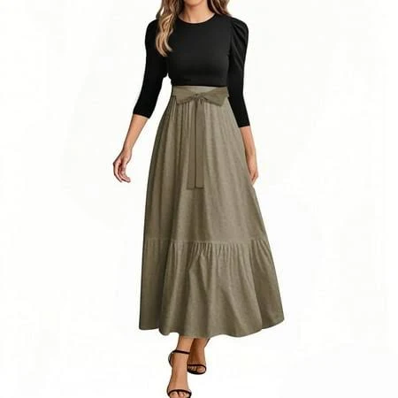 floral print outfits Uocefik Long Floral Dresses for Women 2025 Elegant Boho Tie Belted Patchwork Empire Waist 3/4 Sleeve Modest Flowy Maxi Dress 2025 Walmart - UoCefik $25.64