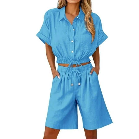 two piece set Women's Casual Linen 2pc Set with Drawstring Walmart - gjutow $18.99