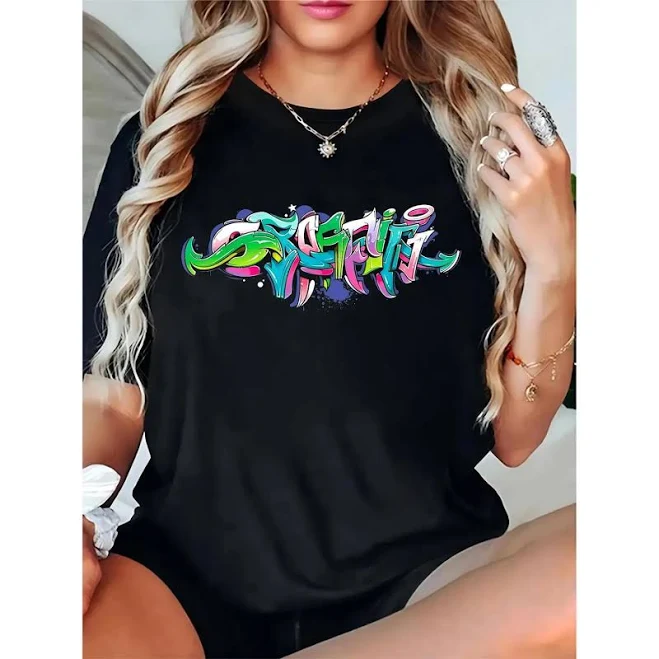 top Women's Oversized Graffiti Art Print T-Shirt TikTok Shop $9.99