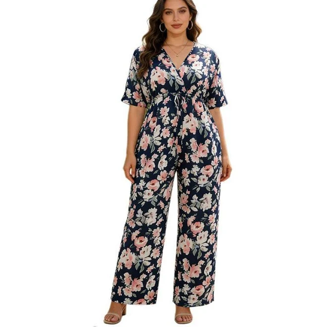 jumpsuit Womens Plus Size V Neck Printed Jumpsuit Short Sleeve Drawstring Wide Leg Casual Summer, Women's, Size: XL, Blue Pink Flowers Kohl's $38.99
