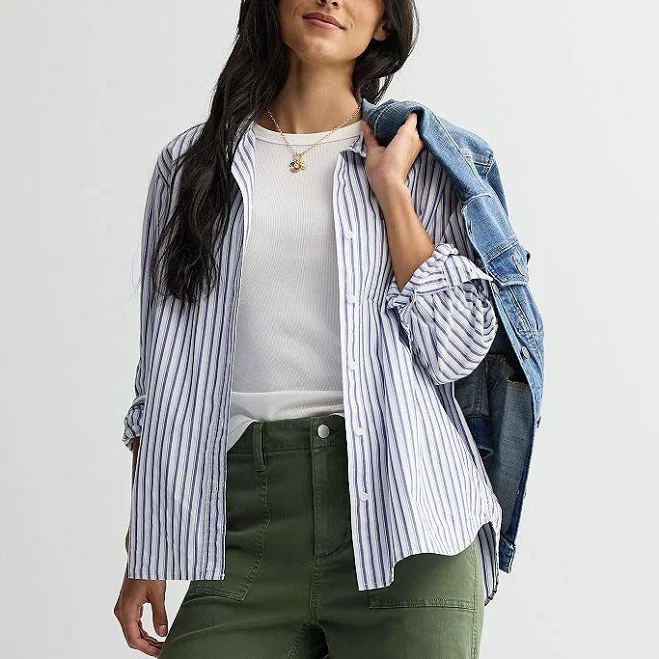 top Women's Sonoma Goods For Life Everyday Button-Up Shirt, Size: XL, Blue White Stripe Kohl's $24.49