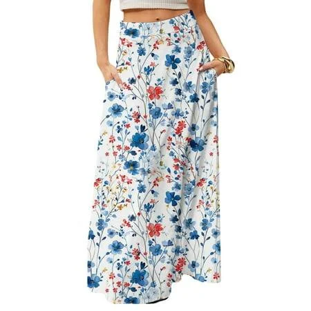 skirt Wtobby Women's Floral Print Flowy Maxi Skirt Bohemian Style Casual Summer Beach Long Skirt Elastic Waist Lightweight Tiered Pleated Skirt with Walmart - WTBobby $11.73