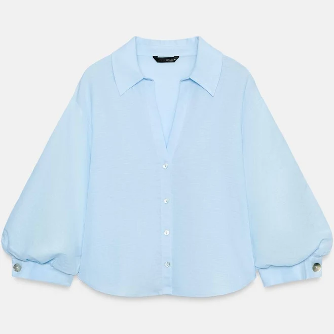 button down shirt Zara Linen Blend Balloon Sleeve Shirt Zara USA $49.9